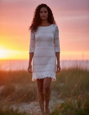 DB White Crochet Dress Beachy Romantic Coastal 3/4 Sleeves Back Zip Lined 4